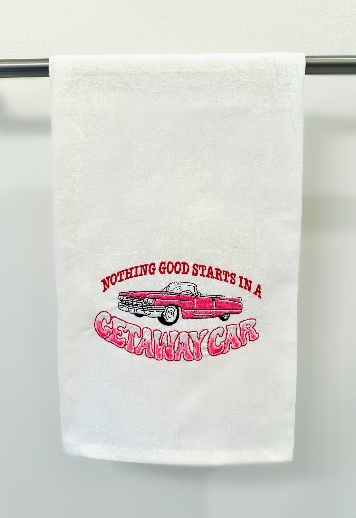 Getaway Car Embroidered Tea Towel