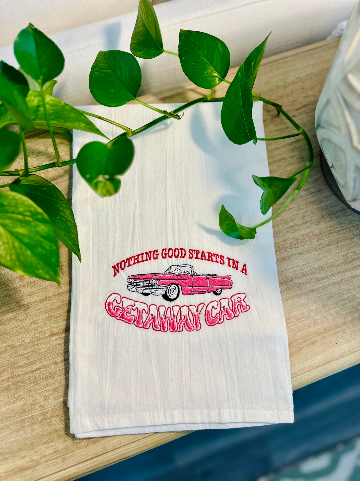 Getaway Car Embroidered Tea Towel