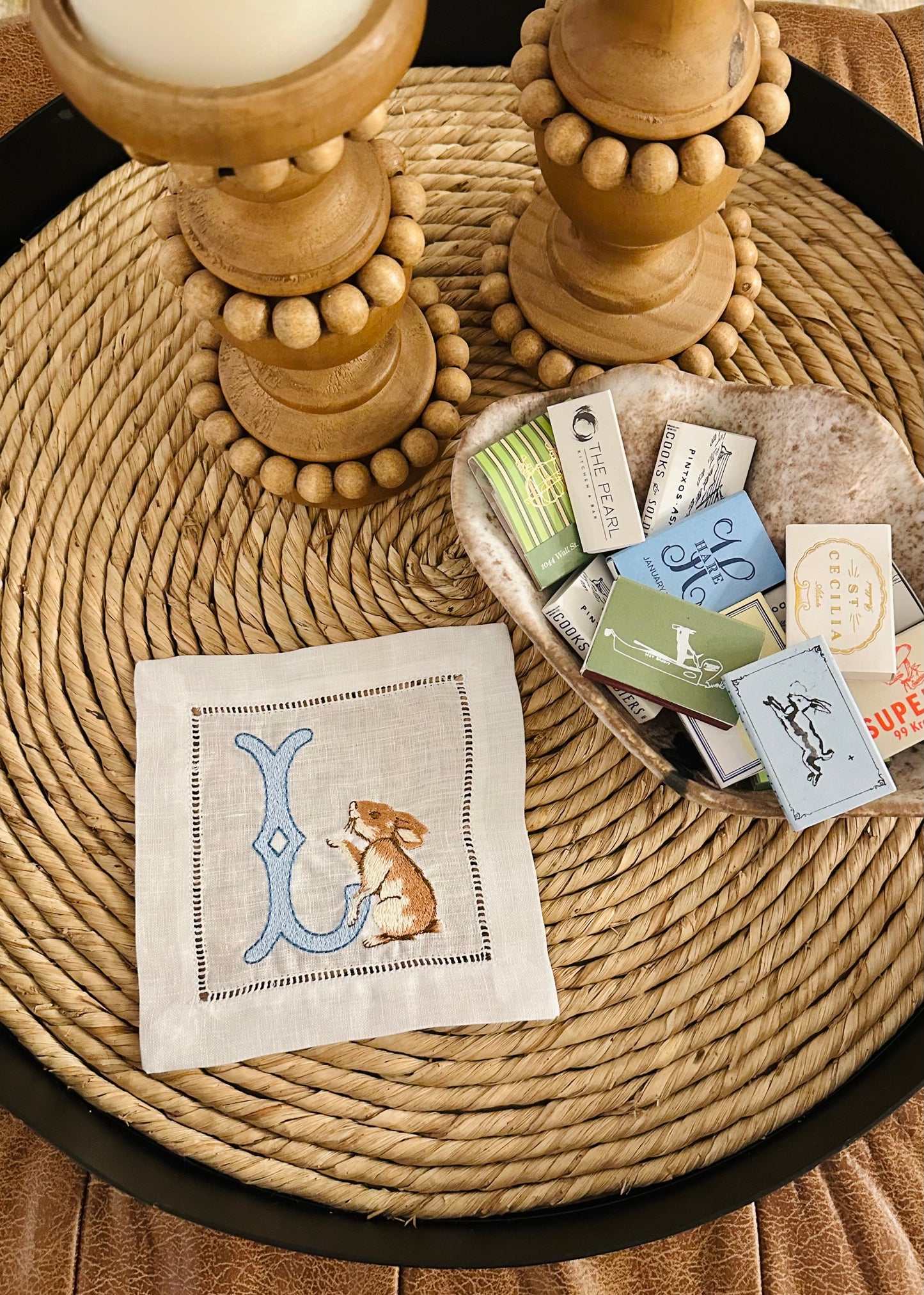 Personalized Initial with Easter Bunny Embroidered Cocktail Napkin
