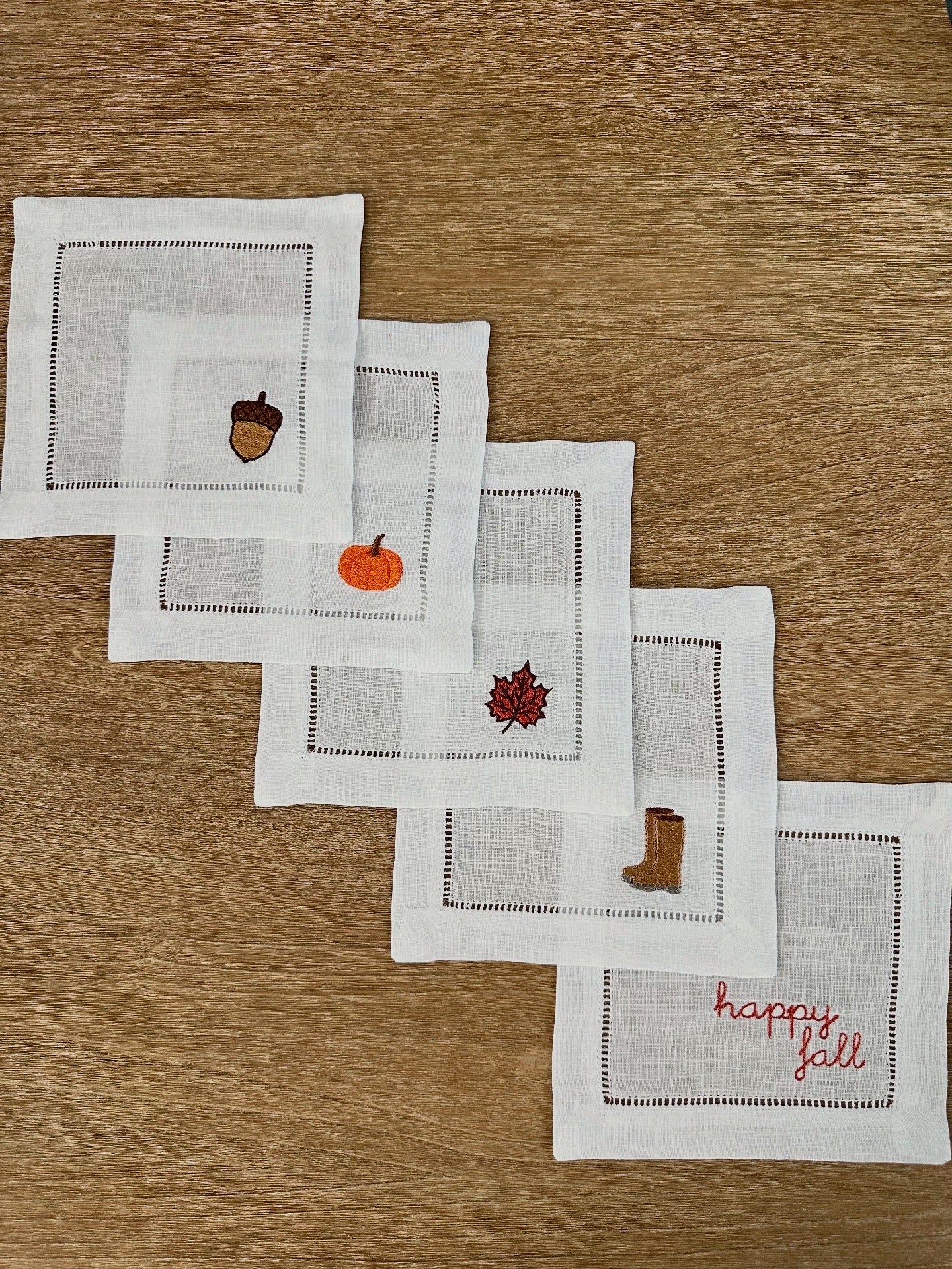 Mini Fall & Autumn Icon Embroidered Cocktail Napkin