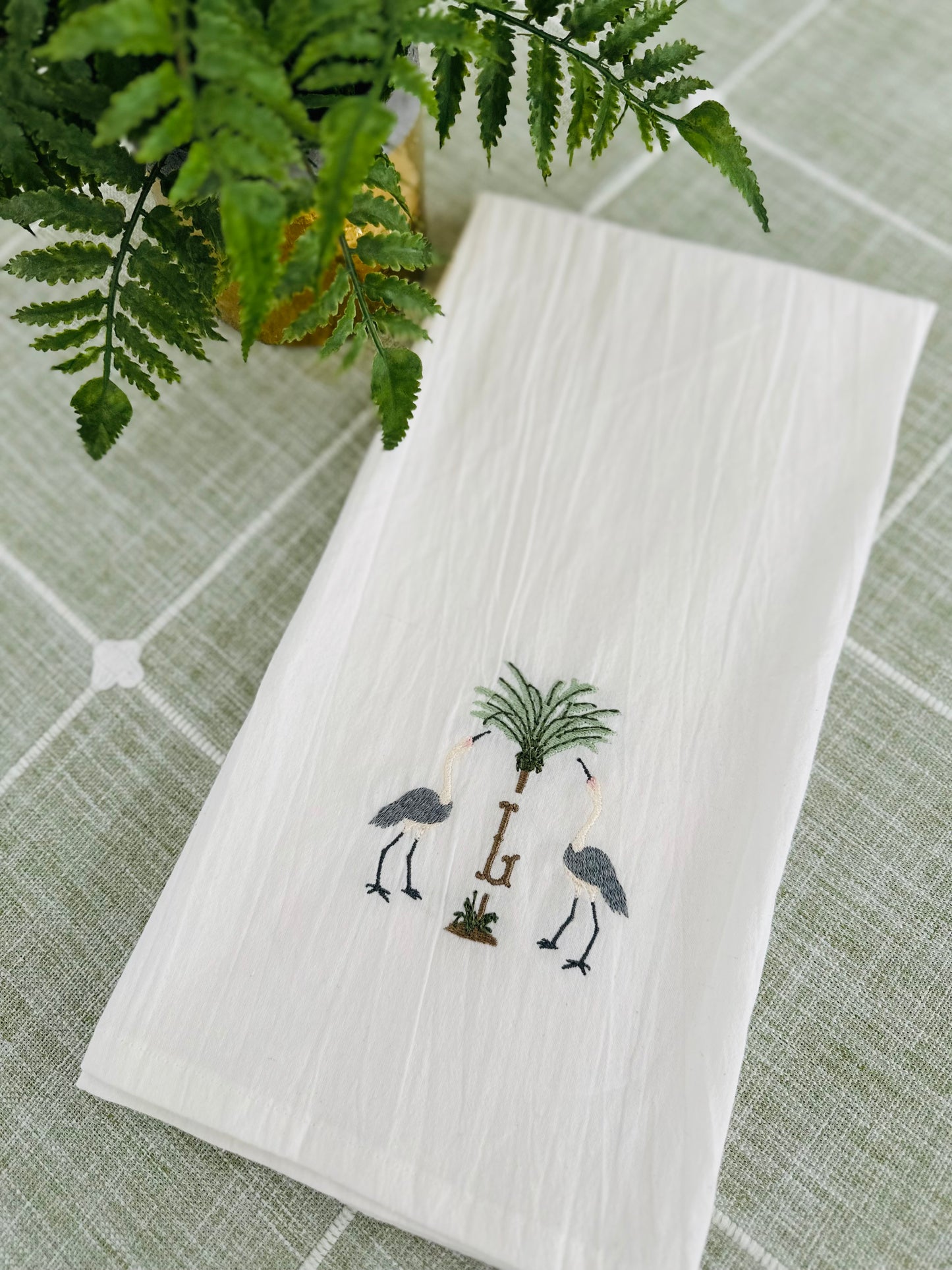 Personalized Coastal Palms Embroidered Tea Towel