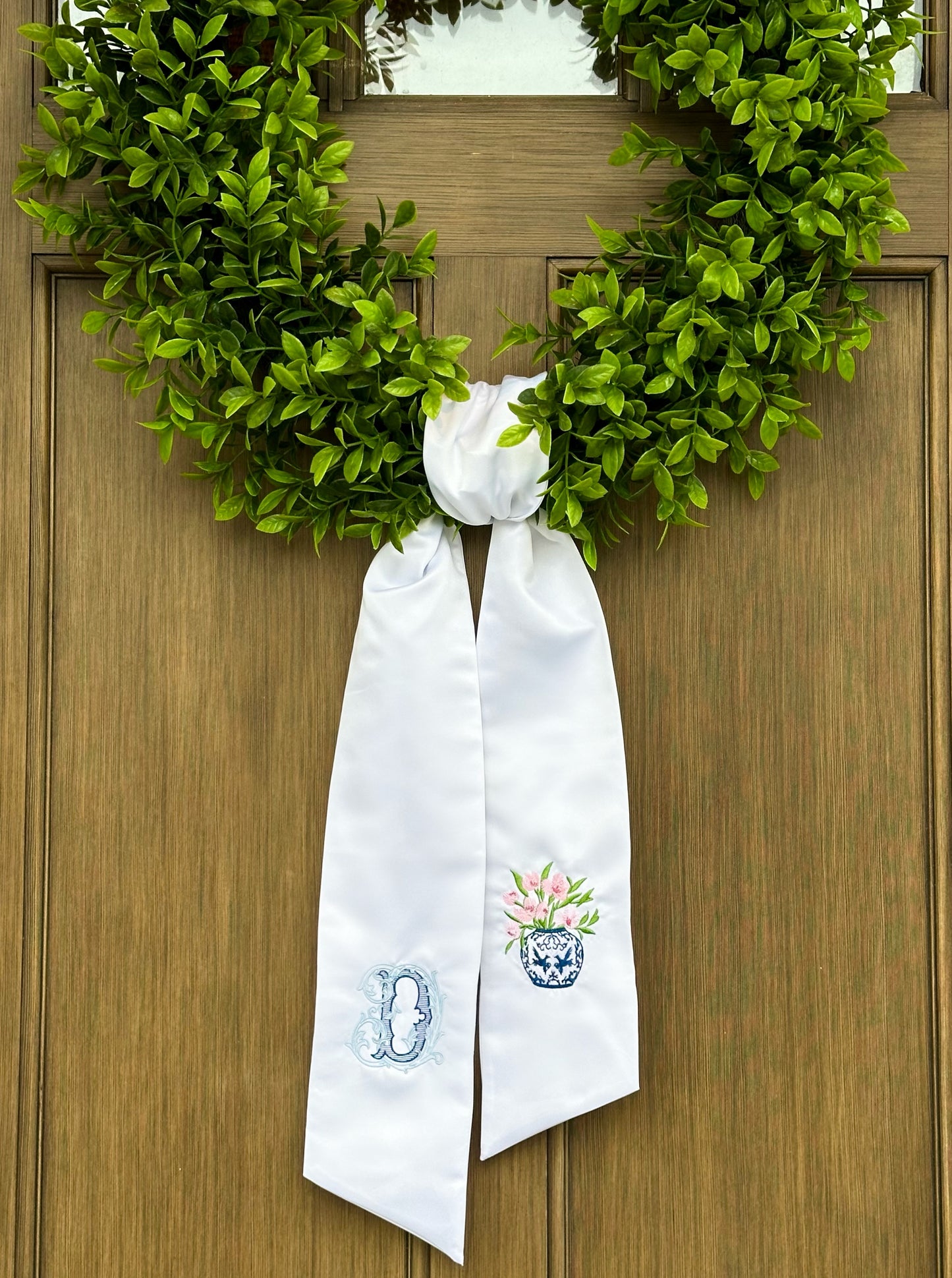 Embroidered white wreath sash with one end with a Vintage 'D' initial and other end with a Chinoiserie Spring Orchid
