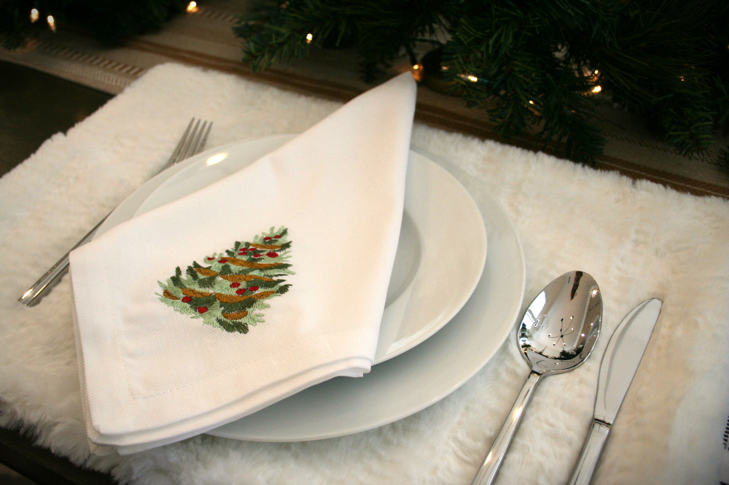 Christmas Tree Embroidered Dinner Napkins
