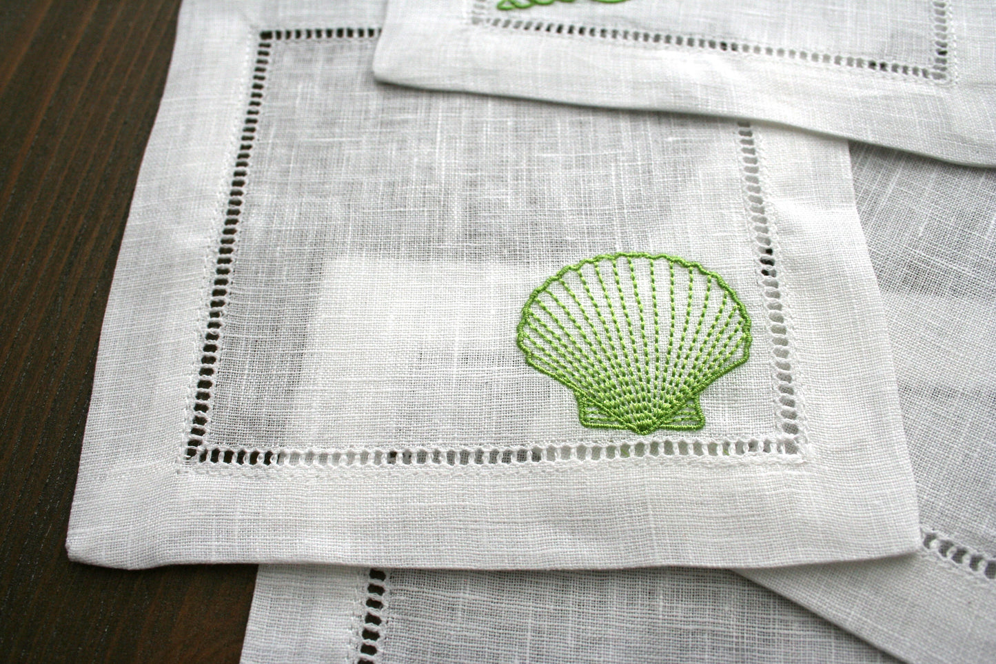 Embroidered Cocktail napkins with sea shells