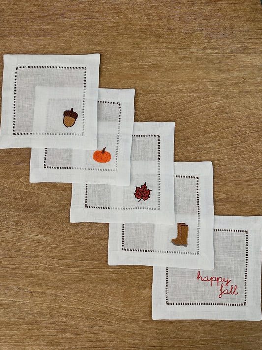 Mini Fall & Autumn Icon Embroidered Cocktail Napkin