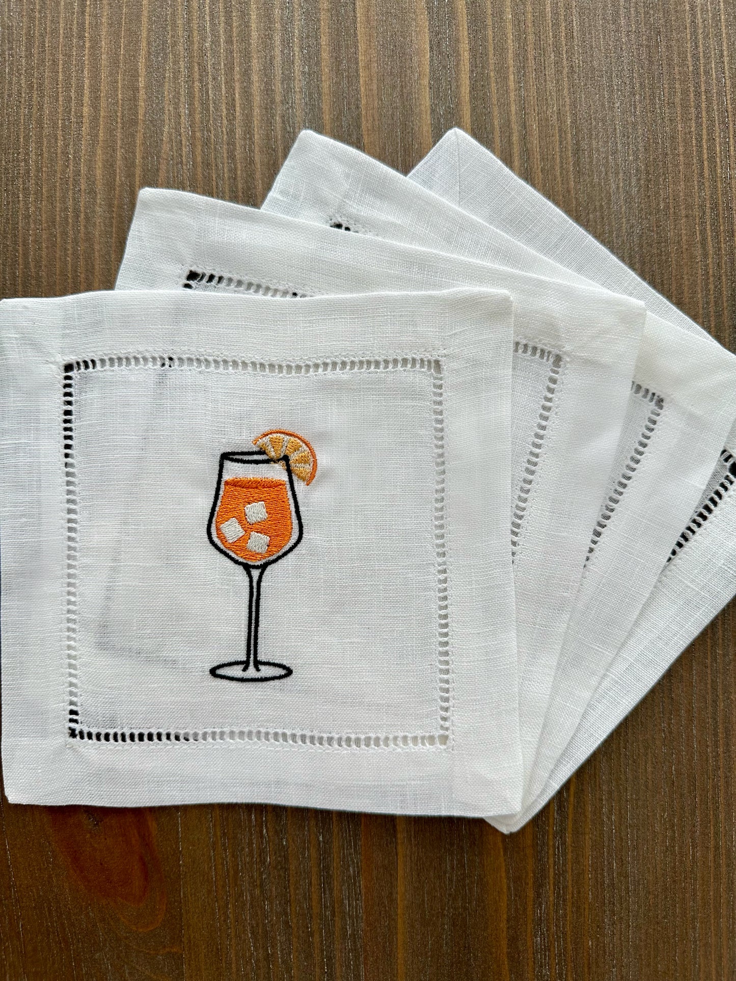 Embroidered Cocktail Napkin with Aperol Spritz design