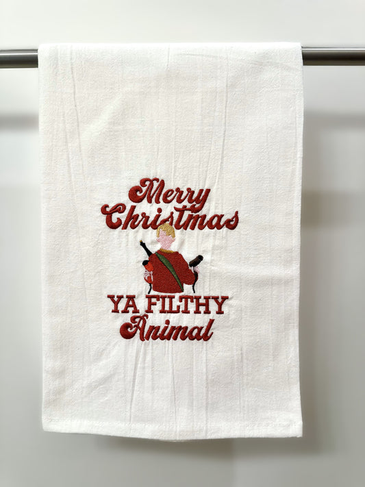 Embroidered Tea Towel featuring Home Alone quoting "Merry Christmas ya filthy animal"