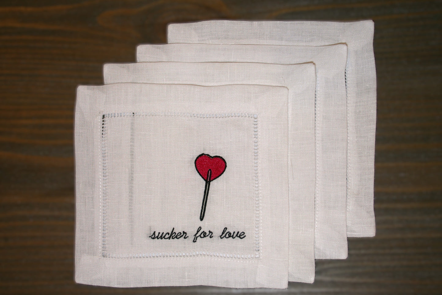 Embroidered Cocktail Napkins featuring our 'Sucker for Love' design and heart sucker