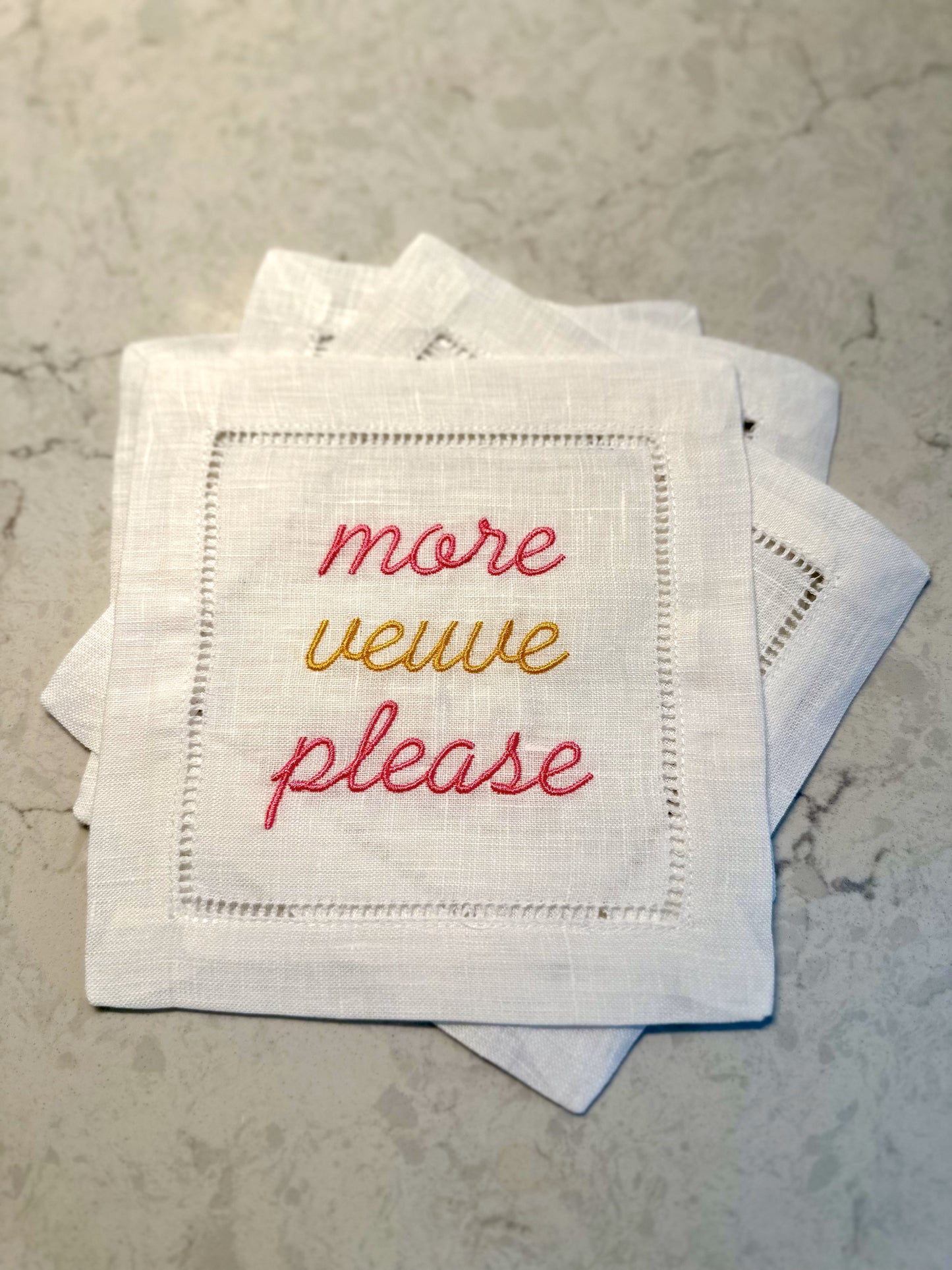 Embroidered Cocktail Napkins with "More Veuve Please" saying