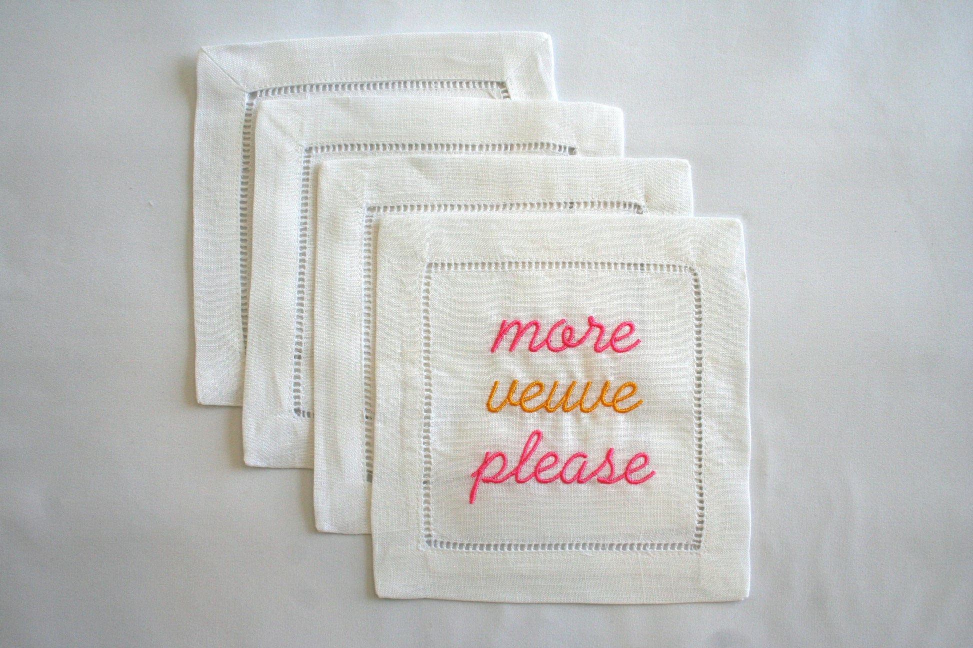 Embroidered Cocktail Napkins with "More Veuve Please" saying