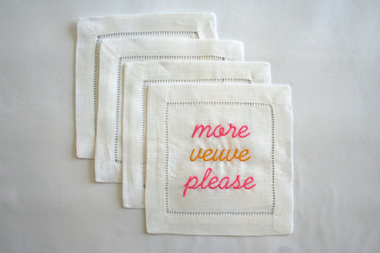 Embroidered Cocktail Napkins with "More Veuve Please" saying