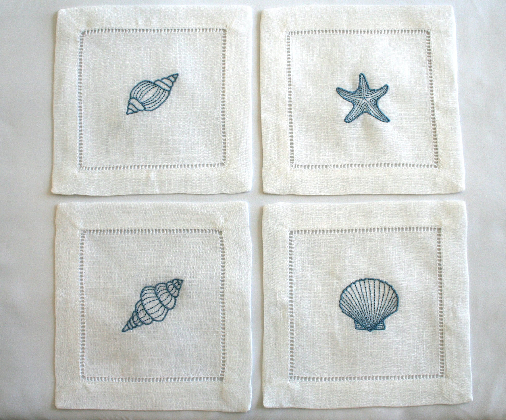 Embroidered Cocktail napkins with sea shells