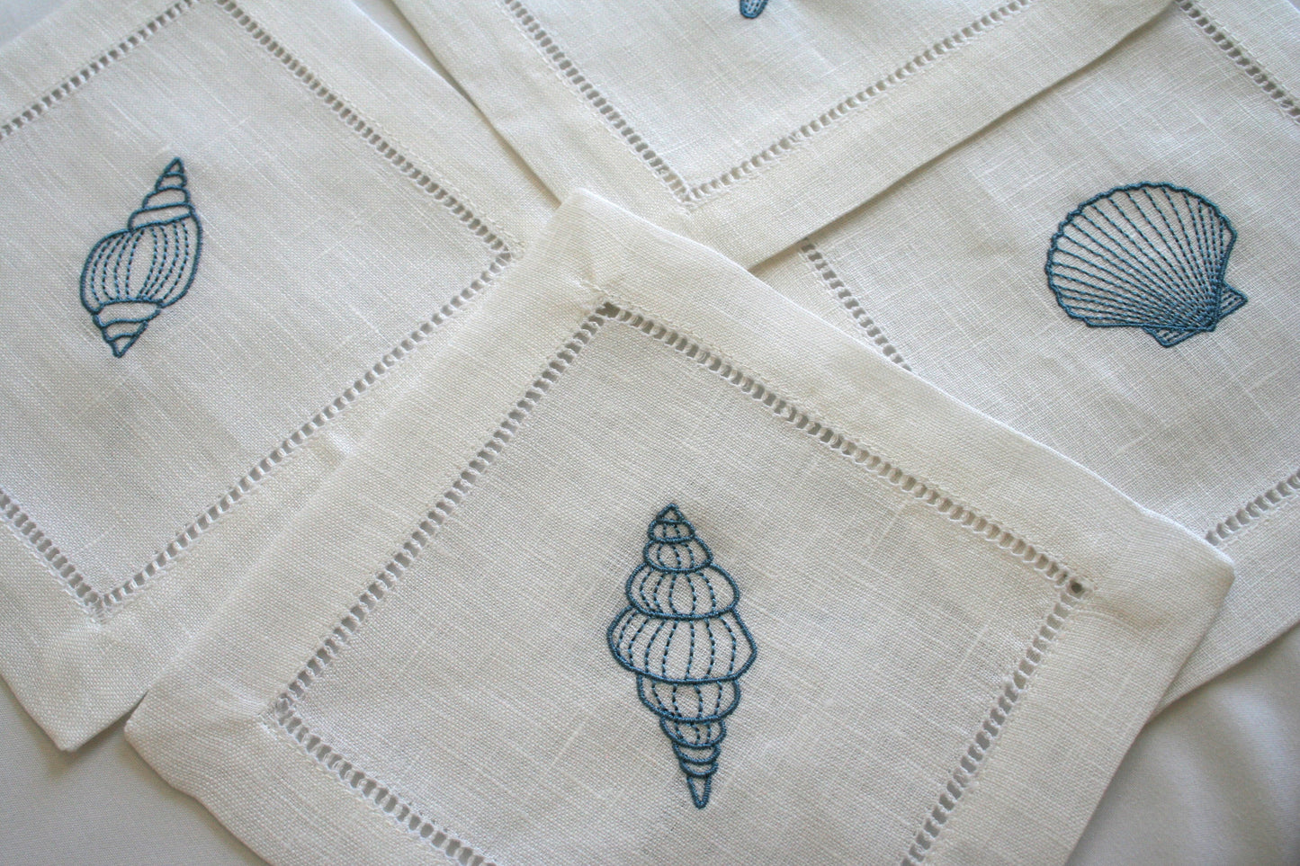 Embroidered Cocktail napkins with sea shells