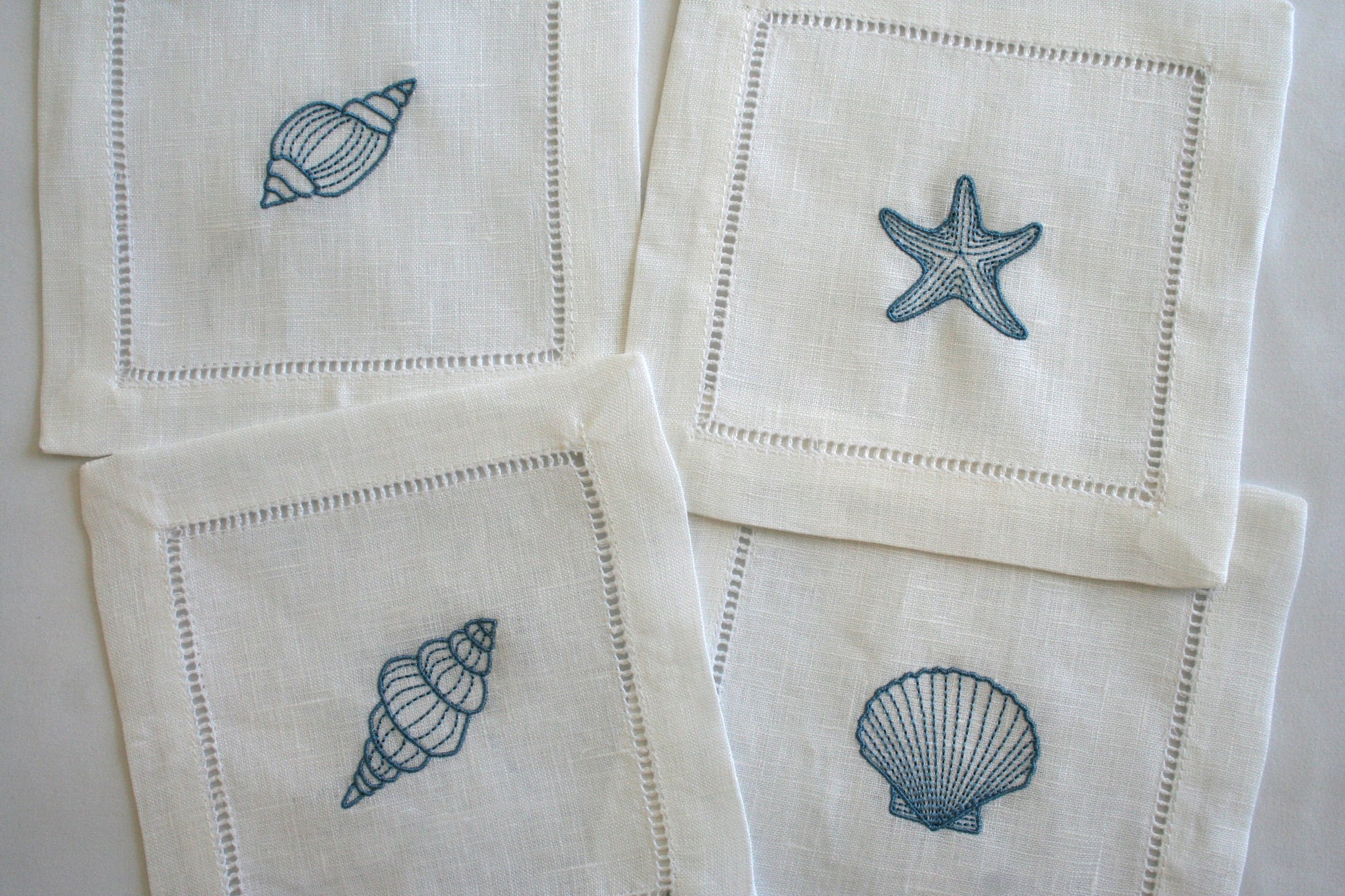 Embroidered Cocktail napkins with sea shells