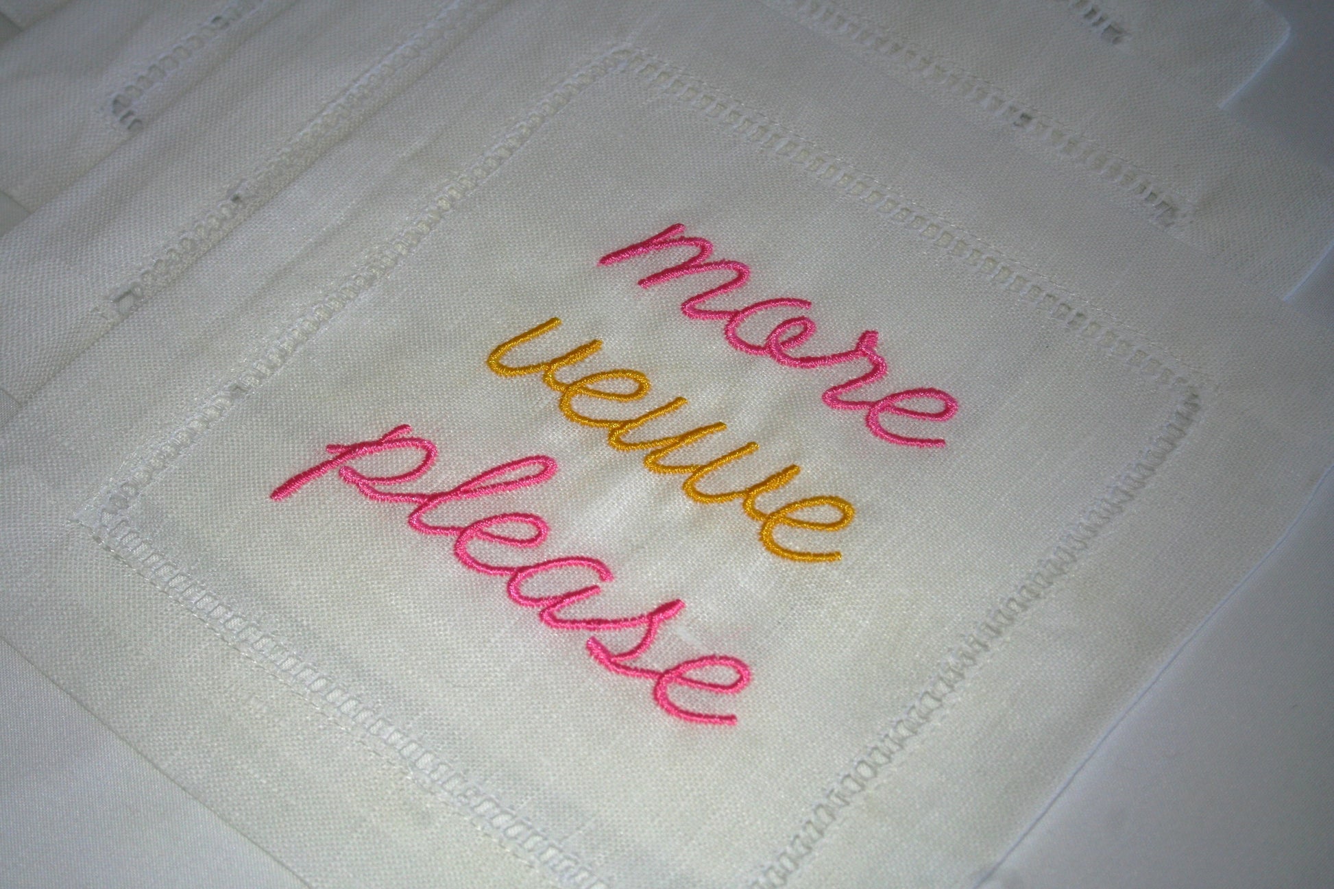 Embroidered Cocktail Napkins with "More Veuve Please" saying