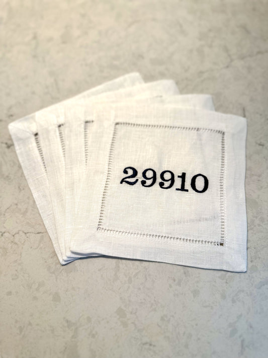 Embroidered Cocktail Napkins featuring customizable zip code